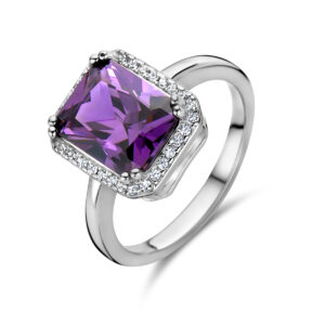 ring amethistkleurig en wit zirkonia halo zilver gerhodineerd
