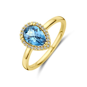 ring london blue topaas en diamant 0.08ct h si halo 14K geelgoud