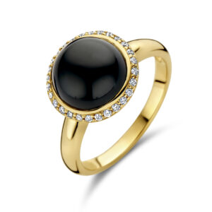 ring onyx en diamant 0.15ct h si halo 14K geelgoud