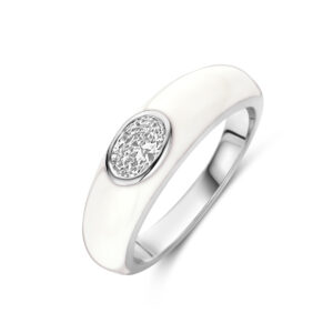 ring wit emaille en zirkonia zilver gerhodineerd