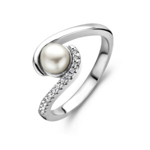 ring zirkonia en parel zilver gerhodineerd