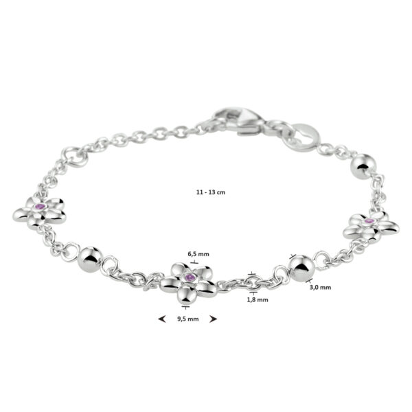armband bloem roze zirkonia 11 - 13 cm zilver gerhodineerd - Afbeelding 2
