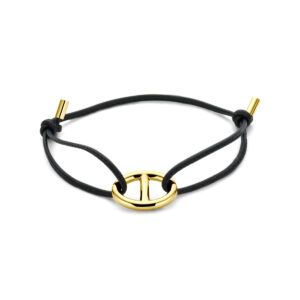 armband zwart leer marine 15 - 26 cm 18K geelgoud
