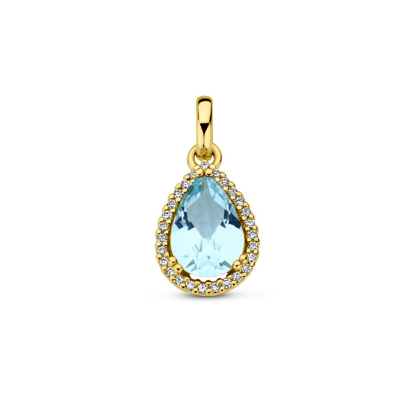 hanger blauw topaas en diamant 0.07ct h si halo 14K geelgoud