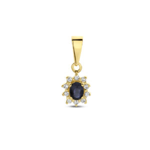 hanger saffier en diamant 0.08 ct halo 14K geelgoud