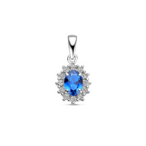 hanger zirkonia en synthetische saffier halo zilver gerhodineerd