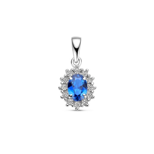 hanger zirkonia en synthetische saffier halo zilver gerhodineerd