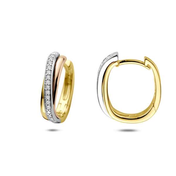 klapoorringen diamant 0.09ct (2x 0.045ct) h si 15,5 mm 14K tricolor goud - Afbeelding 3