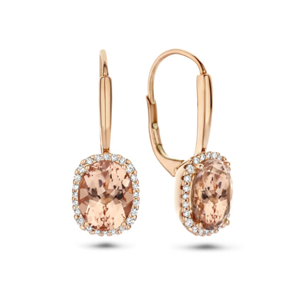 oorhangers morganiet en diamant 0.23ct (2x0.115ct) h si brisur haak halo 14K roségoud - Afbeelding 3