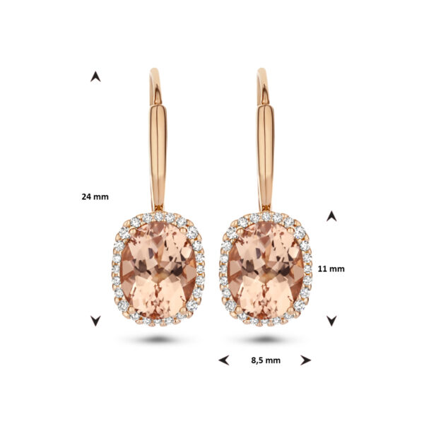 oorhangers morganiet en diamant 0.23ct (2x0.115ct) h si brisur haak halo 14K roségoud - Afbeelding 4