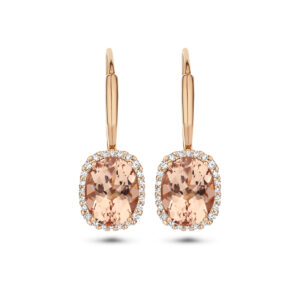 oorhangers morganiet en diamant 0.23ct (2x0.115ct) h si brisur haak halo 14K roségoud