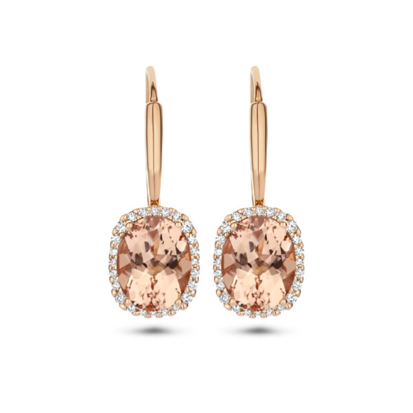 oorhangers morganiet en diamant 0.23ct (2x0.115ct) h si brisur haak halo 14K roségoud
