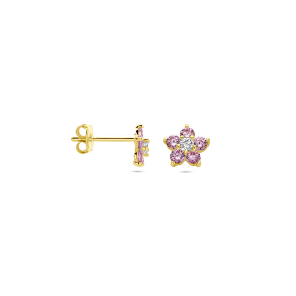 oorknoppen bloem roze en wit zirkonia 14K geelgoud - Afbeelding 3