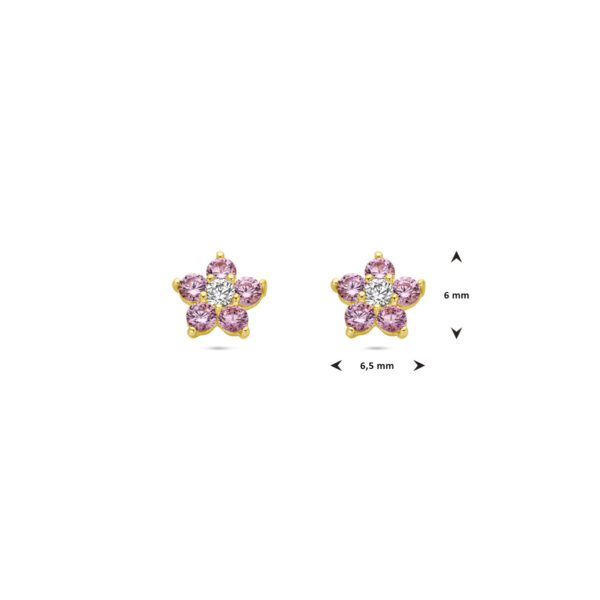 oorknoppen bloem roze en wit zirkonia 14K geelgoud - Afbeelding 4