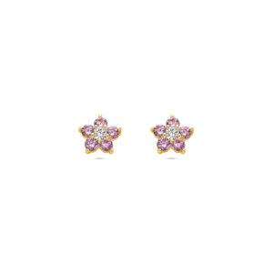 oorknoppen bloem roze en wit zirkonia 14K geelgoud