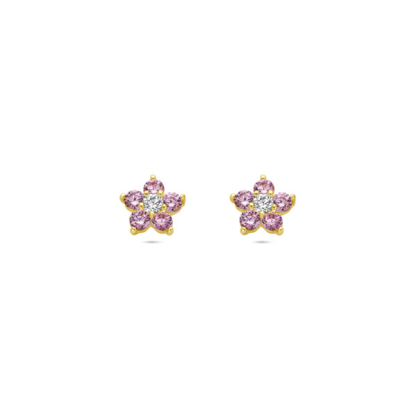 oorknoppen bloem roze en wit zirkonia 14K geelgoud