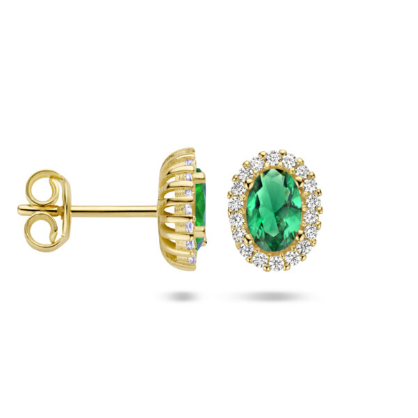 oorknoppen groen en wit zirkonia halo 14K geelgoud - Afbeelding 3