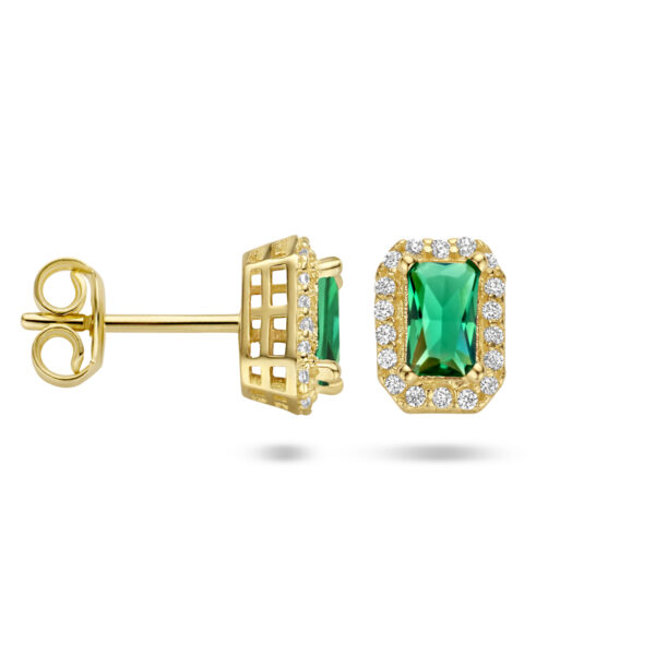 oorknoppen groen en wit zirkonia halo 14K geelgoud - Afbeelding 3