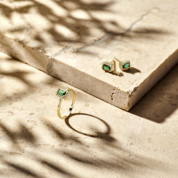 oorknoppen groen en wit zirkonia halo 14K geelgoud - Afbeelding 5