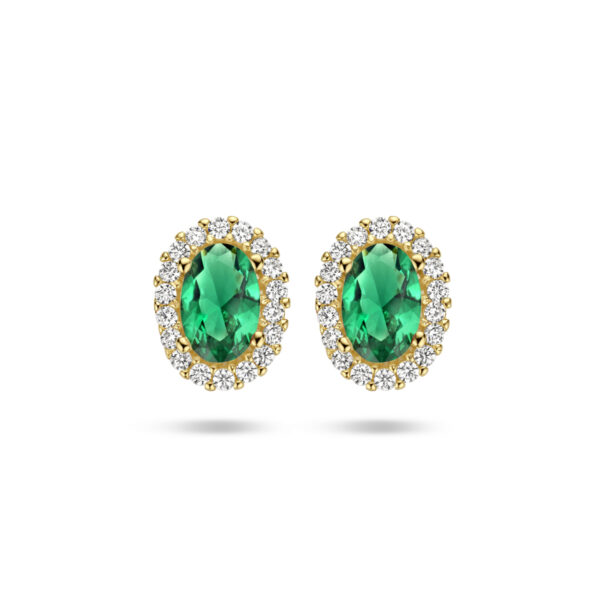 oorknoppen groen en wit zirkonia halo 14K geelgoud