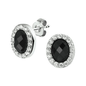 oorknoppen onyx en zirkonia halo zilver gerhodineerd