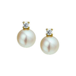 oorknoppen parel en diamant 0.10ct (2x0.05ct) h si 14K geelgoud