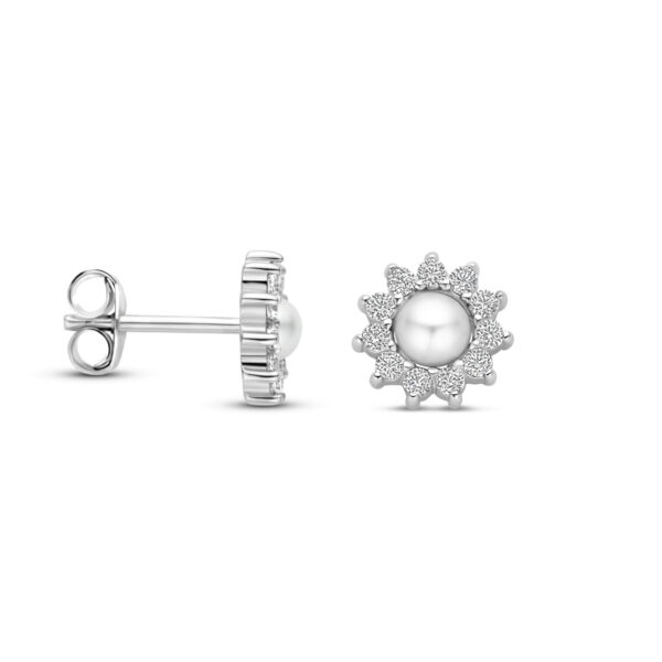 oorknoppen parel en zirkonia 8 mm zilver gerhodineerd - Afbeelding 3