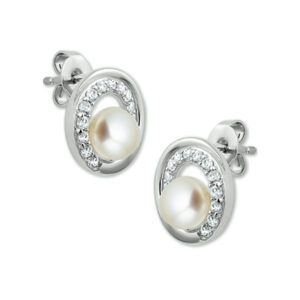 oorknoppen parel en zirkonia zilver gerhodineerd