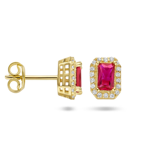 oorknoppen rood en wit zirkonia halo 14K geelgoud - Afbeelding 3