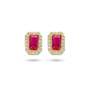 oorknoppen rood en wit zirkonia halo 14K geelgoud