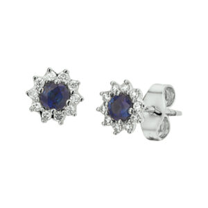 oorknoppen saffier en diamant 0.13ct (2x0.065ct) h p1 halo 14K witgoud