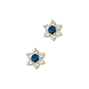 oorknoppen saffier en zirkonia halo 14K geelgoud