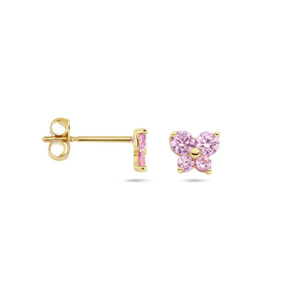oorknoppen vlinder roze zirkonia 14K geelgoud - Afbeelding 3