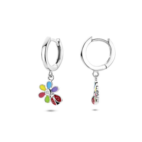 oorringen zirkonia bloem en lieveheersbeestje 22 mm zilver gerhodineerd - Afbeelding 3