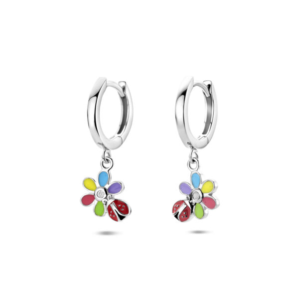 oorringen zirkonia bloem en lieveheersbeestje 22 mm zilver gerhodineerd