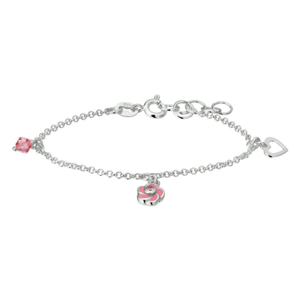armband bloem en roze zirkonia 13 + 2 cm zilver wit
