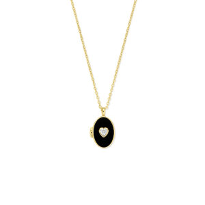collier hartje zirkonia en onyx medaillon 42 + 3 cm 3 micron zilver verguld (geel)