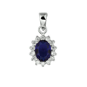 hanger zirkonia en synthetische saffier halo zilver gerhodineerd