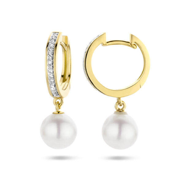 klapoorringen parel en diamant 0.08ct (2x 0.04ct) h si bicolor gestift 14K geelgoud - Afbeelding 3