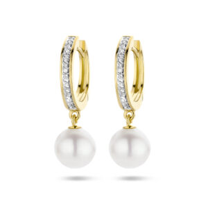 klapoorringen parel en diamant 0.08ct (2x 0.04ct) h si bicolor gestift 14K geelgoud