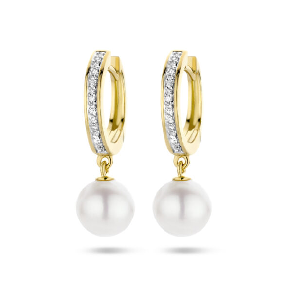 klapoorringen parel en diamant 0.08ct (2x 0.04ct) h si bicolor gestift 14K geelgoud
