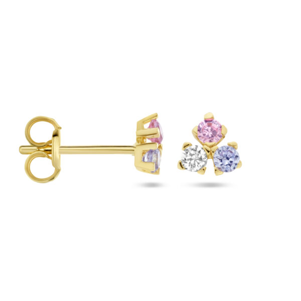oorknoppen blauw, roze en wit zirkonia 14K geelgoud - Afbeelding 3