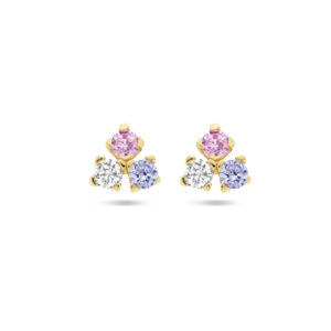 oorknoppen blauw, roze en wit zirkonia 14K geelgoud
