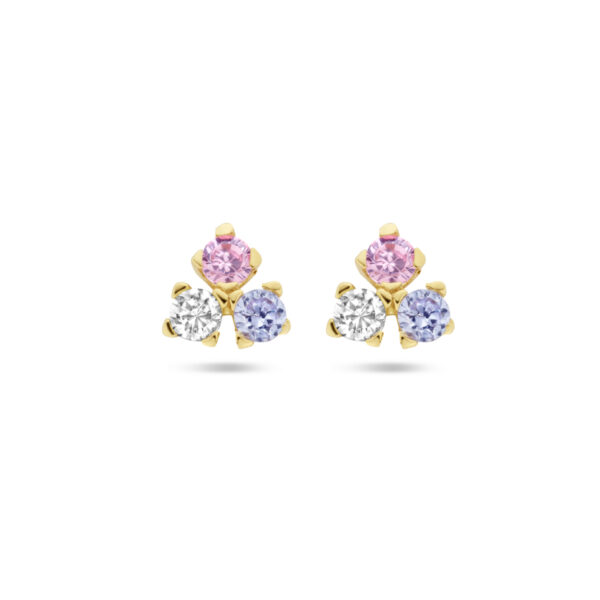 oorknoppen blauw, roze en wit zirkonia 14K geelgoud
