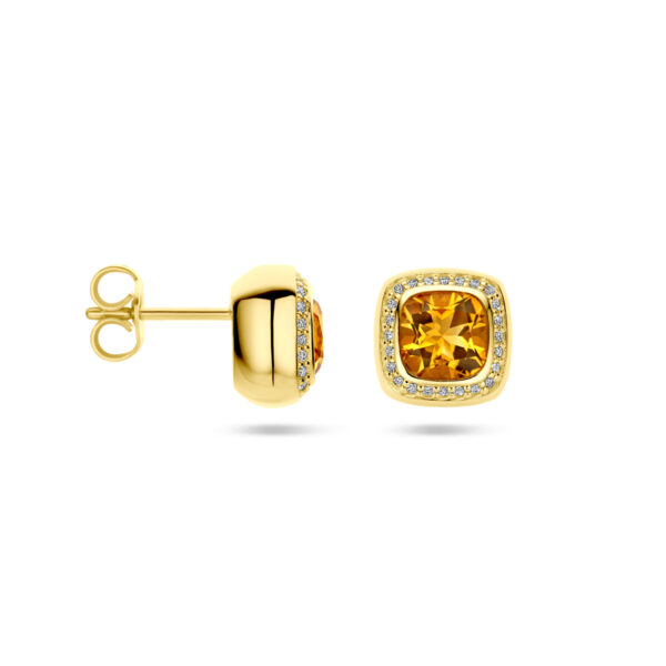 oorknoppen citrien en diamant 0.15ct (2x 0.075ct) h si halo 14K geelgoud - Afbeelding 3