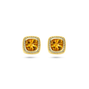 oorknoppen citrien en diamant 0.15ct (2x 0.075ct) h si halo 14K geelgoud