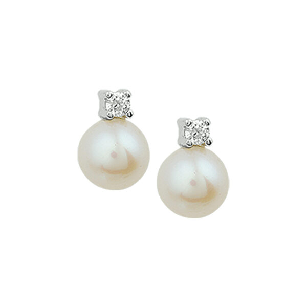 oorknoppen parel en diamant 0.10ct (2x0.05ct) h si 14K witgoud