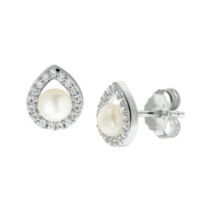oorknoppen parel en zirkonia zilver gerhodineerd