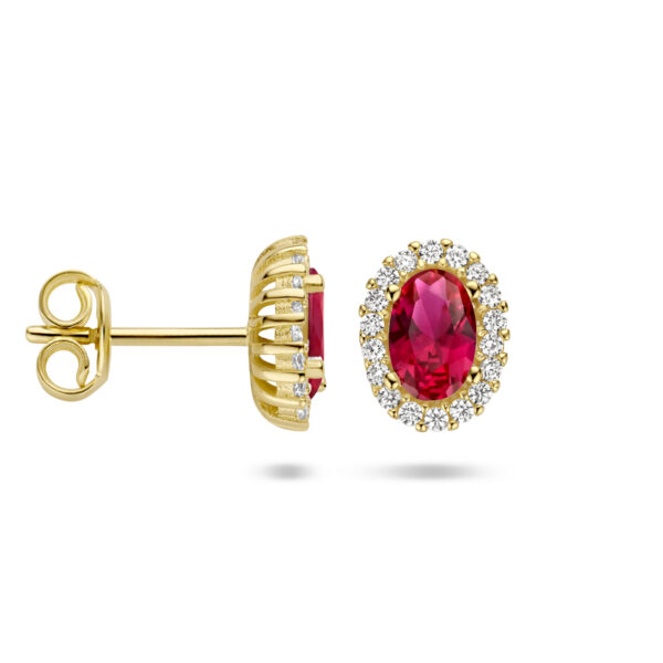 oorknoppen rood en wit zirkonia halo 14K geelgoud - Afbeelding 3
