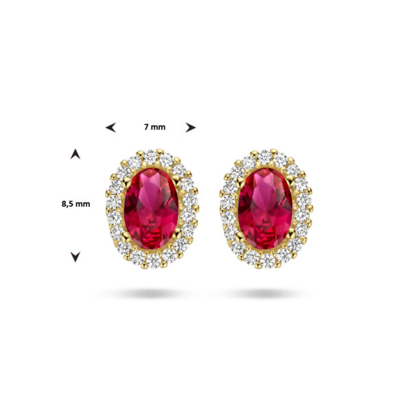 oorknoppen rood en wit zirkonia halo 14K geelgoud - Afbeelding 4